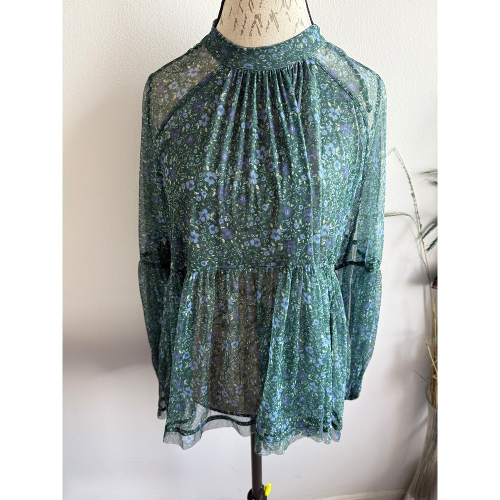 Free People Floral Sheer Mock Neck Peplum Blouse Green Blue Size‎ Medium